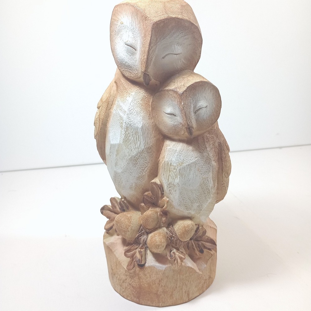 Faux Wood Carved Owl Figurine Rustic Resin Bird Statue Acorn Stump Decor 7-8"